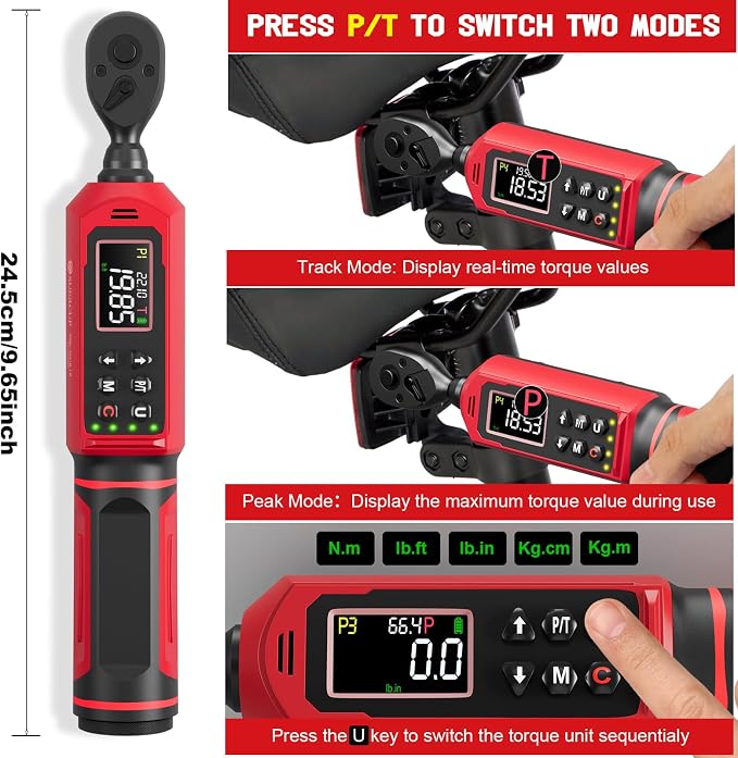SUERCUP 1/4-inch Digital Torque Wrench(0.33-22.1Ft.Lb/0.45-30N.m) ±1% Accuracy Digital Torque Wrench with Vibration, Buzzer,LED Notification and Five Units of Measure, for Bike, DIY and Home Repair