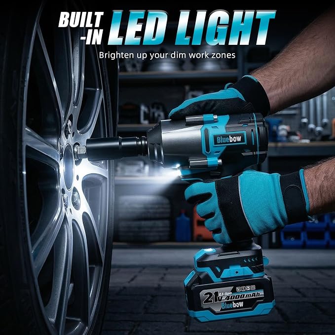 Bluebow Cordless Impact Wrench, 960 ft-lbs (1300 N·m) Brushless Impact Wrench with 2x4.0Ah Battery, 1/2" 3-Speed Modes Impact Gun with 4 Sockets for Pickup, Truck, Home Car