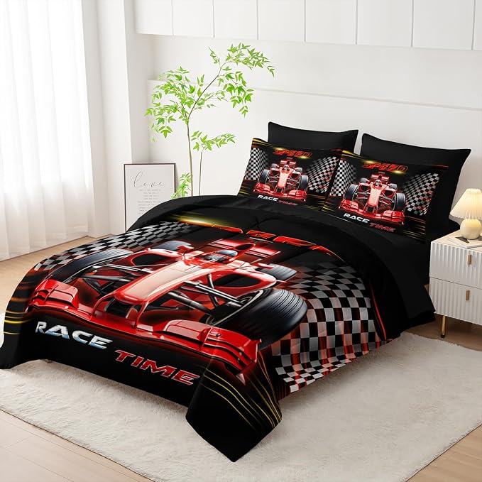 Red Race Car Comforter Set Twin Size,Black White Checkered Racing Flag Bedding Set for Kids Boys Room Decor,7Pcs Cool Sports Themed Bedding with Comforter,Fitted Sheet,Flat Sheet,Pillowcases.