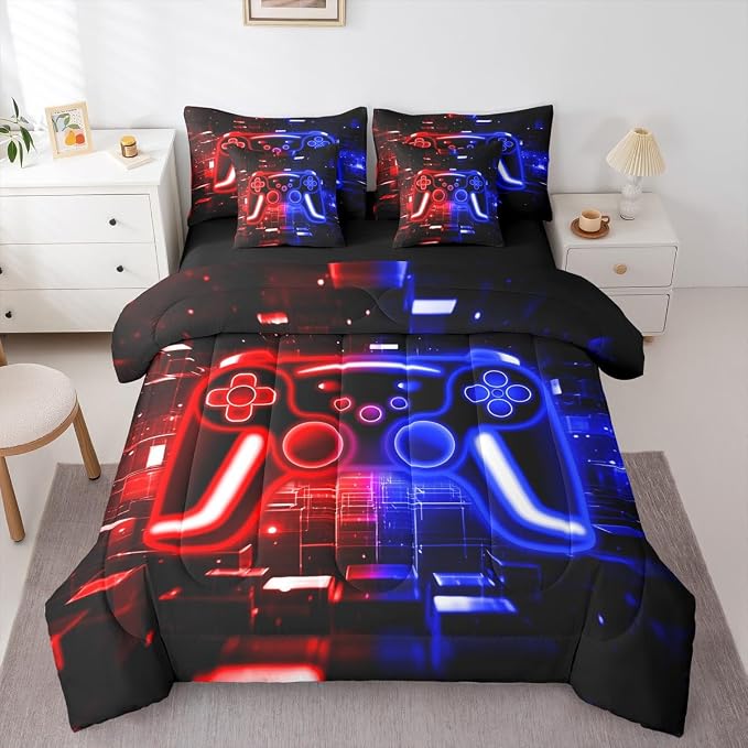 Gamer 7 Piece Comforter Set Full Bed in a Bag, Gaming Bedding Sets Neon Lights Video Game Console Comforter and Sheet Set, Red Blue Brick Cube Room Decor,Gaming Room Decor for Boys