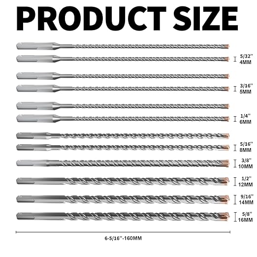 12PCS SDS Plus Rotary Hammer Drill Bits, 12PCS(5/32" to 5/8" ×12") - 4 Carbide Cutting Edges, Ideal for Masonry| Heavy-Duty Masonry |Hammer Drill Bits for Precision Drilling