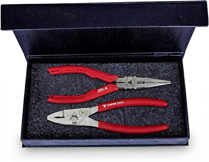 VAMPLIERS 2-PC Screw Extractor Pliers 7.5" Long Nose + 7" Slip Joint Pliers | Gift Box Set Made in Japan, Patented, High Carbon Steel, For Confined Spaces, Removes Damage Screws, Non-Slip Jaws, Gift Idea