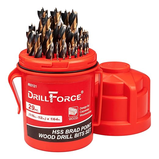 29PCS HSS Brad Point Wood Drill Bits Set for Carpenter Woodworking, 3-Flat Shank Black Gold for Hardwood, Plywood, Plastic 1/16"-1/2"
