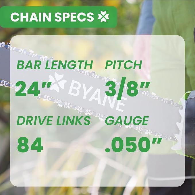 BYANE 24-Inch Carbide Chainsaw Chain 3/8" Pitch .050" Gauge 84 Drive Links | Fits Husqvarna 455, 460 Rancher, Stihl MS290, MS362, and Echo CS-590