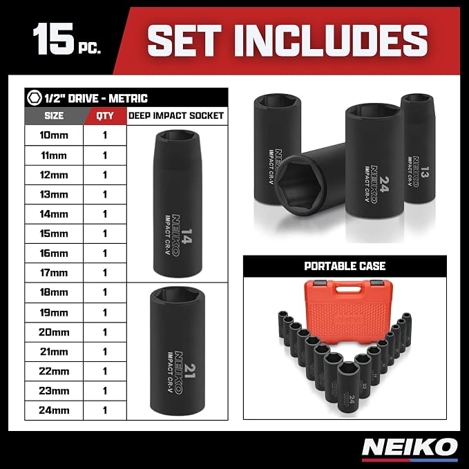NEIKO 02474A 1/2" Impact Socket Set, 15 Piece Metric Socket Set 10-24 mm, Deep Sockets, 6 Point, 1/2” Drive Sockets for 1/2" Impact Wrench, Chrome Vanadium Cr-V
