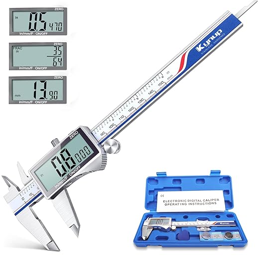 Kynup Digital Caliper Measuring Tool, Vernier Dial Caliper Digital Outside Micrometer, 6 Inch Caliper DIY Tool, Stainless Steel, Large Screen, Splash Proof, Inch Metric Fraction Switch