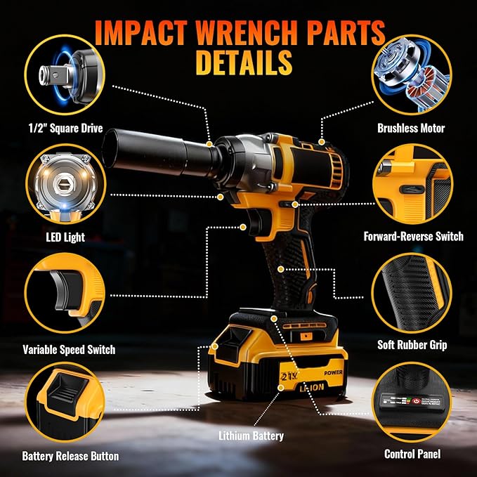 Cordless Impact Wrench: Brushless 1/2-inch, Power Impact Gun Kit, 2 x 4.0Ah Batteries, Fast Charger, 5 Sockets, Variable Speed Electric Impact Driver for Car/Home/Construction