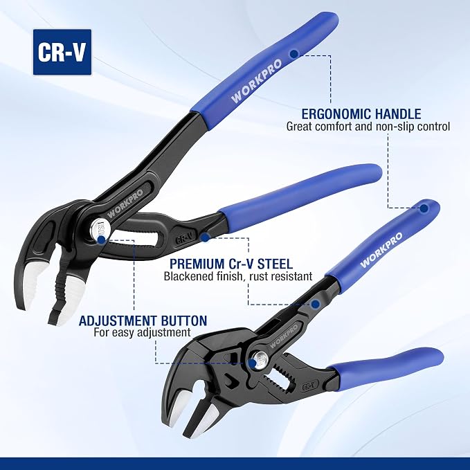 WORKPRO 2 PCS 7-Inch Pliers Wrench & 10-Inch Groove Joint Pliers Set, CR-V | Quick Adjustment, Smooth Jaw & V-Jaw, Upgraded Wide Opening, Ergonomic Grip - for Plumbing, Pipe Work, DIY Projects