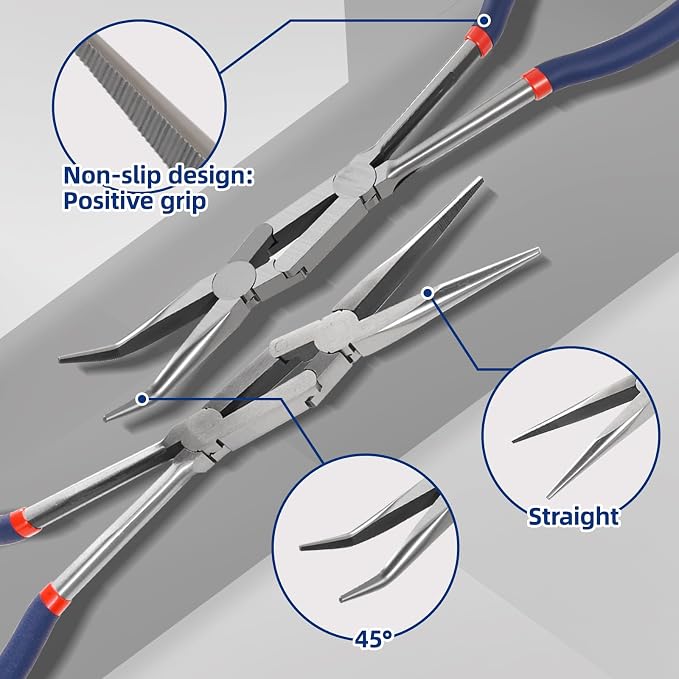 13” Long Needle Nose Pliers Set, Double Rivet, Knurled Jaws, Bent 45°and Straight Needle Nose, 2-Piece, Extended Reach for Tight Spaces (2-Piece（Straight +45°）)