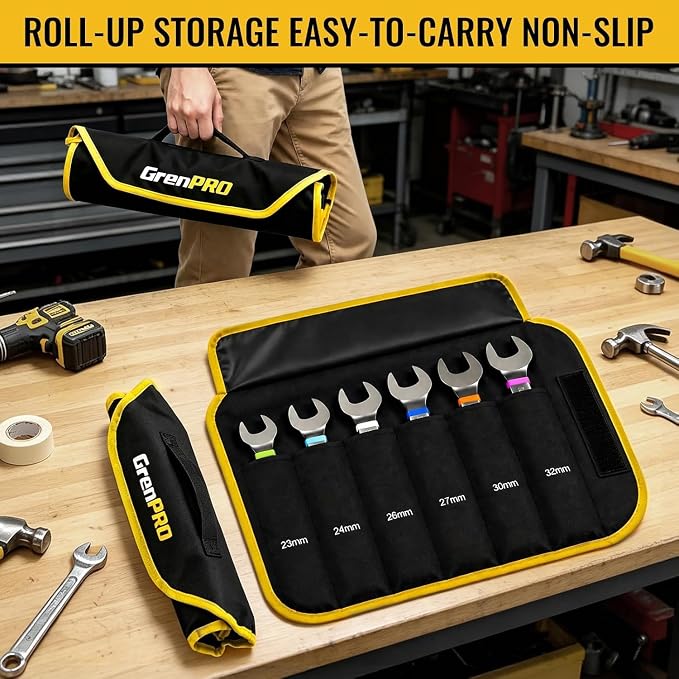 GRENPRO 23-32MM Large Metric Wrench Set, Combination Open End Wrench Sets | Long Wrench Tool set, 15-Degree Offset, 12-Point Box-End & Roll-Up Pouch With Gauge, Nickel plated CR-V, Convenient Storage
