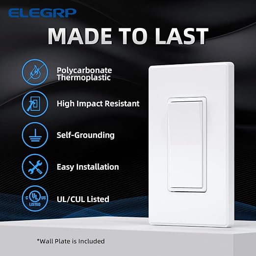 ELEGRP Matte White 3 Way Decorative Light Switch with Plate, 15 Amp, 120-277 Volt, AC Decors Rocker Paddle Wall Switch Replacement, Self-Grounding, Residential Grade, w/Wall Plate, UL Listed (5 Pack)