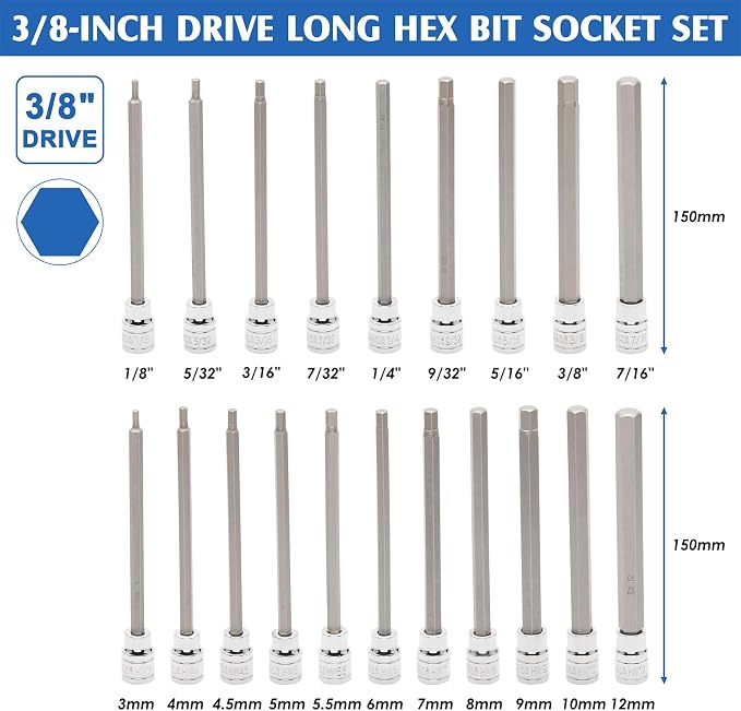 MIXPOWER 32PCS 3/8" Drive Extra Long Hex and Torx Bit Socket Set,SAE & Metric(1/8"-7/16",3mm-12mm,T10-T60),Length:150mm,CR-V and S2 Steel
