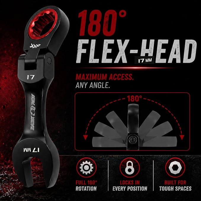 16PCS Stubby Flex Head Ratcheting Wrench Set, SAE & Metric Combination Wrenches, 72-Tooth Short Handle Ratchet Spanner Set for Tight Spaces, Auto Repair & Garage Maintenance, 8-17mm & 5/16"-3/4"