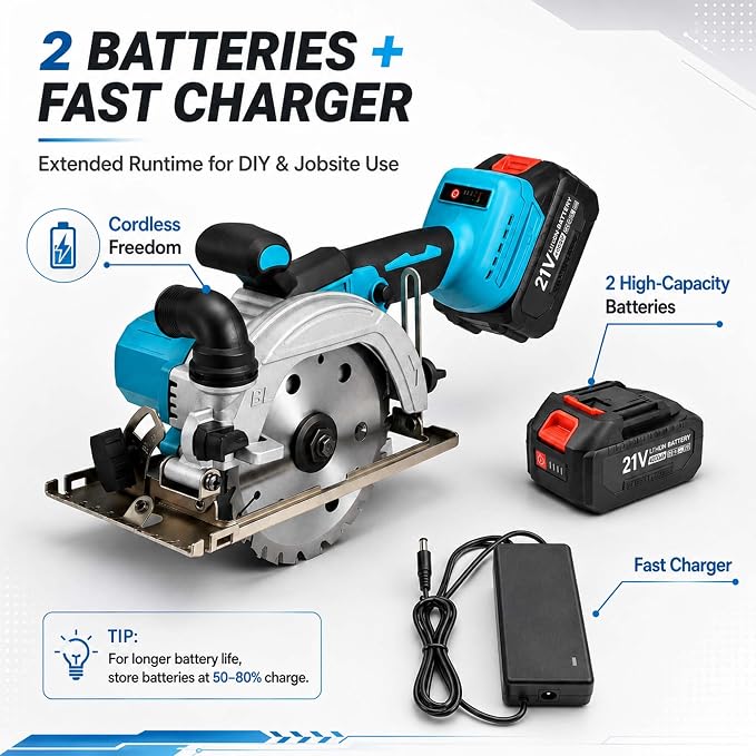 6 Inch Cordless Mini Circular Saw Brushless Motor | 2 Batteries & Charger, 3 Saw Blades Included (5", 5-1/2", 6"), Compact Saw for Wood, Plastic & Metal Cutting