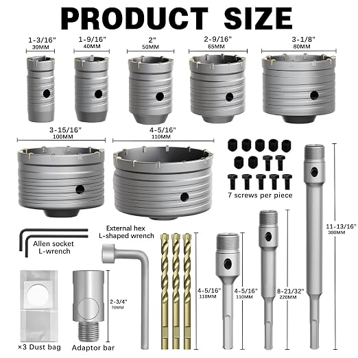 34PCS Concrete Hole Saw Kit,30/40/50/65/80/100/110mm Masonry Hole Saw, with SDS Plus Shank Drill Bit Sets, Masonry Hole Saw Tool Set for Concrete,Brick,Cement,Stone,Wall Drilling.