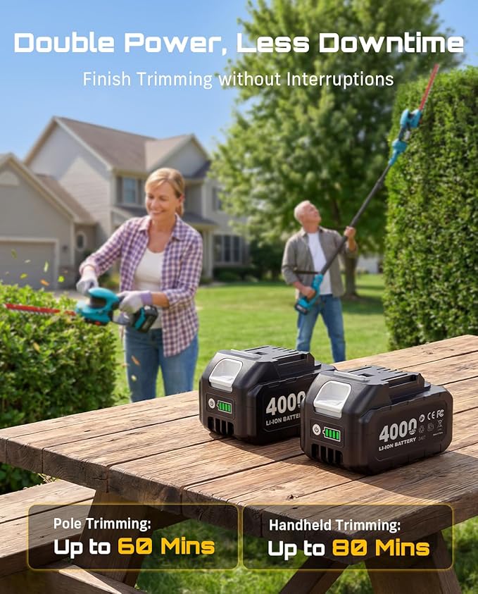 SEESII 4-in-1 Cordless Pole Hedge Trimmer: 20V 9-Ft Telescoping Shrub Trimmer & Grass Shear, 12" & 6'' Dual-Action SK5 Blades, 2 x 4.0Ah Batteries, Shoulder Strap for Tall Hedges & Lawn Edging
