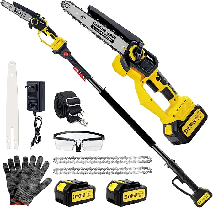 Brushless 2-IN-1 Cordless Pole Saw & Mini Chainsaw, 2× 21V 4.0Ah Battery 8 Inch Chain, Max Reach 16 Ft & Multi-Angle Electric Pole Saw for Tree Trimming, Pole Saw Battery Powered for Branch Cutting