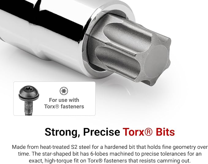 TEKTON Torx Bit Socket Set with Rail, 9-Piece | SHB92107 | 1/2 Inch Drive, (T30 - T80), Socket Rail
