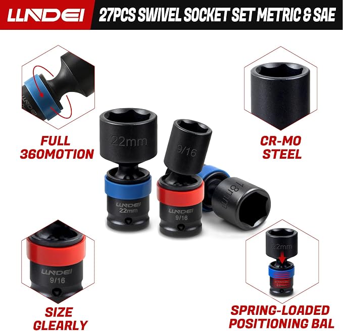 LLNDEI 27Pcs 3/8" Impact Swivel Socket Set, Metric & SAE(8-22mm, 5/16-3/4") | CR-MO, Drive Swivel Socket Set, 6 Point Wobble Socket Set with Ratchet Wrench, Extension Bar and Adapters.