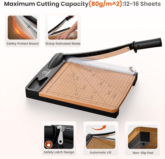 12 Inch Heavy Duty Paper Cutter, Wood Guillotine Paper Cutter & Trimmer, 12-16 Sheets Capacity Cutting Board for Classroom, Crafting, Cardstock Black (Black)