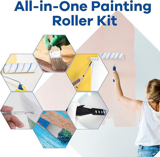 28 PCS Paint Roller Kit with Extension Pole, 4" 9" Paint Roller with Tray, Paint Brushes Set for Professional Painting, House Wall Ceiling Painting Supplies for All Latex and Oil Paints & Stains