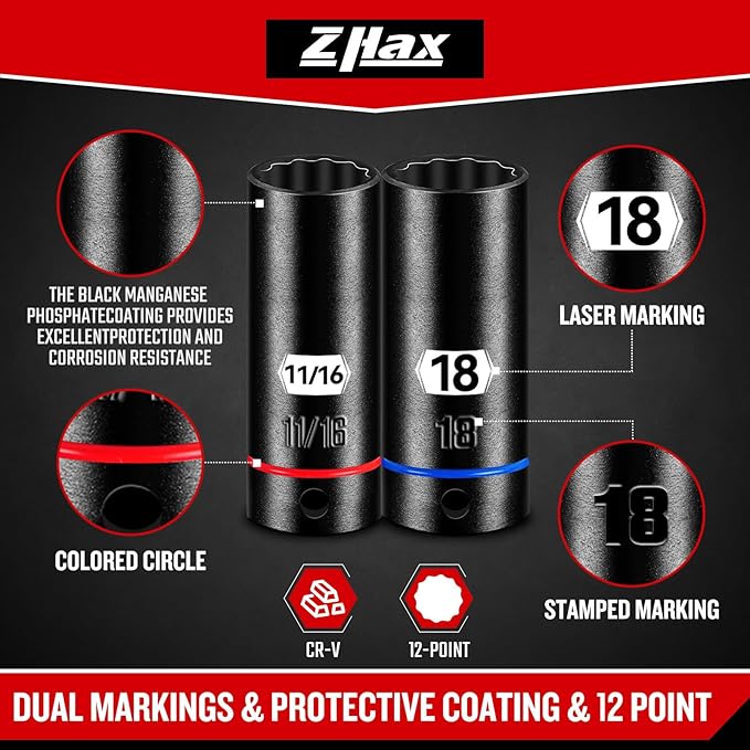 ZHAX 3/8 Inch Drive 12 Point Impact Socket Set, 74 PCS Standard SAE(5/16"- 3/4") & Metric(8-22mm) With Color Ring, Deep & Shallow, 72T Wrench Ratchet Tool Kit,Cr-V With Heavy Duty Storage Case