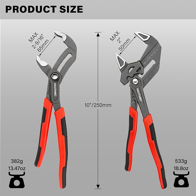 HAUTMEC 2-Piece 10 Inch Adjustable Pliers Wrench & Water Pump Pliers, Parallel Smooth Jaw & V-Jaw, CR-V Steel, Fast Adjustable Tongue and Groove Joint Pliers for Plumbing, Mechanical, Home Repair