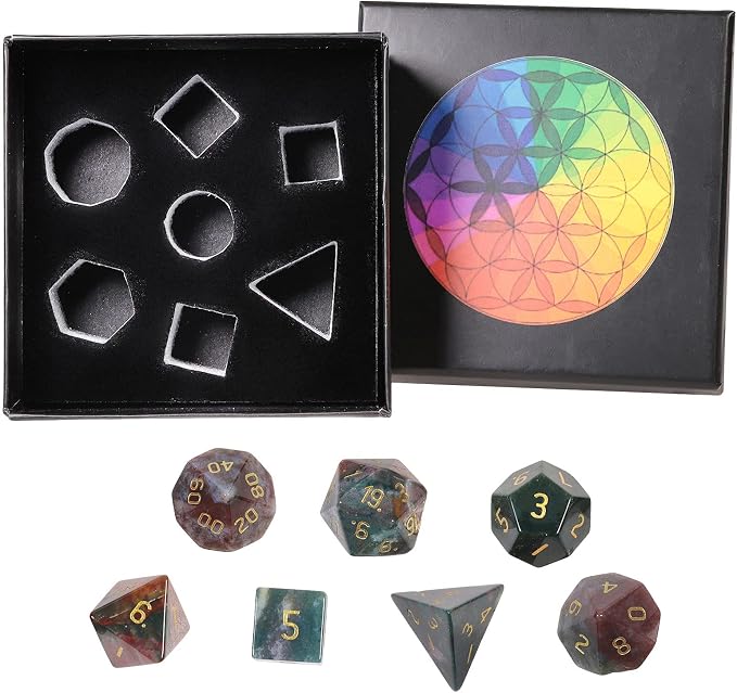 mookaitedecor 7 PCS Indian Agate Crystal Polyhedral DND Dice Set, Polished Tumbled Stones Dices for RPG MTG Table Games Home Decoration