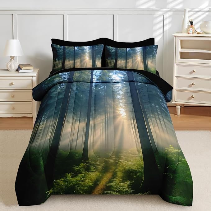 Nesker Comforter Set Twin Size, Sunlit Forest Nature 5 Pcs Bedding for Kids and Adults, Misty Tree Forest Bed Sheet Sets with Fitted Sheet Pillowcase & Sham