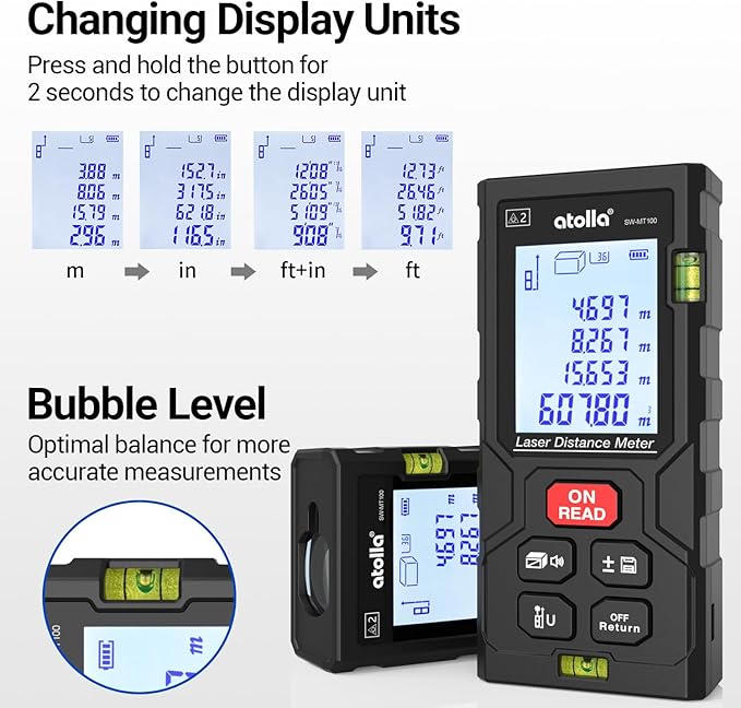 atolla Laser Measure 328Ft, Digital Laser Distance Meter with 2 Bubble Levels,Portable M/in/Ft Unit Switching Backlit LCD, Measuring Distance/Area/Volume/Pythagorean and Waterproof IP54 (Red Laser)