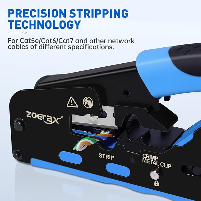 All-in-One Ethernet Crimping Tool Kit with Wire Stripper, 10xCAT7 RJ45 Pass Through Connector & 10xBoots, Storage Case Ideal for DIY/Network Installations