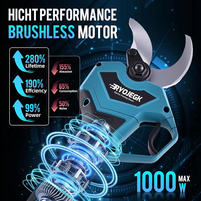 RYOJEGK 1.6" Brushless Electric Pruning Shears with 2x2.0Ah Battery | cordelss,Power Pruner Cuts,Branches up to 1.6",Brushless Motor,Safety Lock, SK5 Steel Blade for Garden Tree Pruner Branch