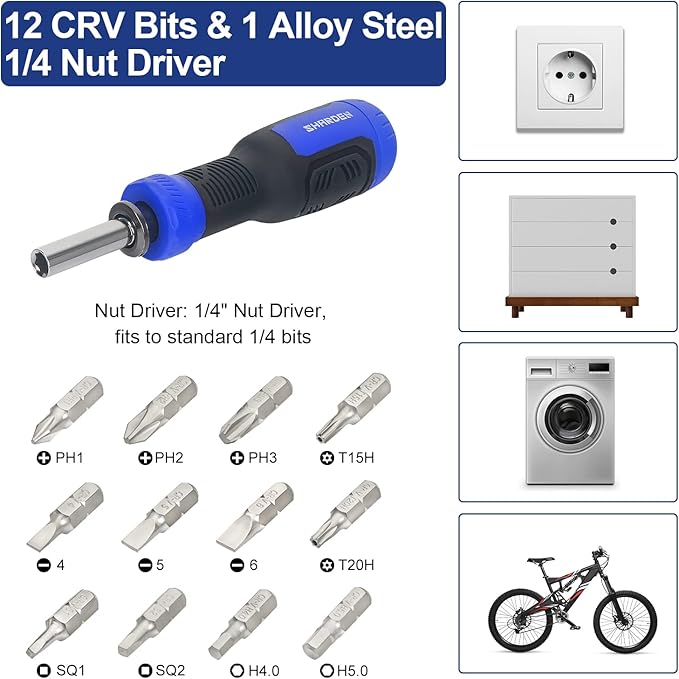 SHARDEN Multibit Screwdriver 13-in-1 Screw Driver Set Adjustable Extension Screwdriver Multitool All in One with Torx Security, Flat Head, Phillips, Hex, Square and 1/4 Nut Driver
