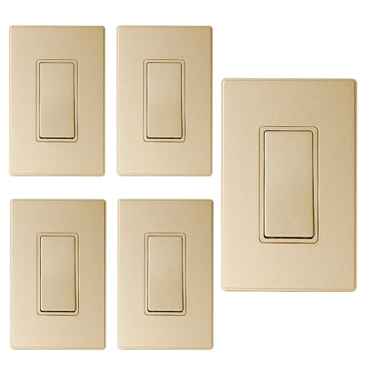 ELEGRP Matte Champagne Gold 3 Way Decorator Light Switch, 15A 120-277V, Paddle Rocker Switch Replacement, On/Off Wall Switch, Self-Grounding, Residential Grade, with Mid Wall Plate, UL/CUL, 5 Pack