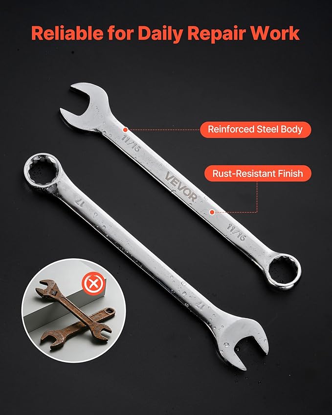 VEVOR Combination Wrench Set, 44-Piece SAE and Metric | 12-Point Box End and 15° Angled Open End, with Roll Up Pouch, General Household and Automotive Repairs