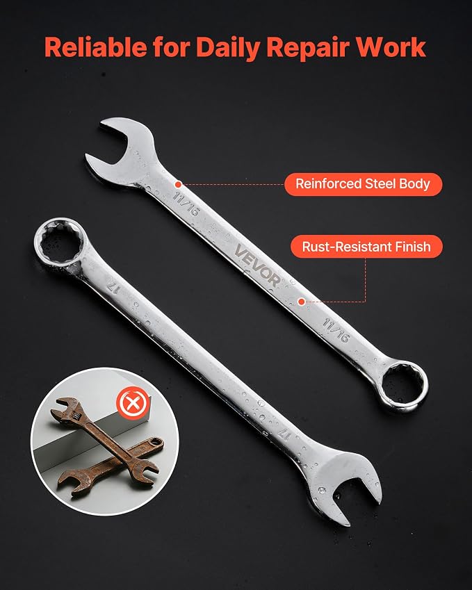 VEVOR Combination Wrench Set, 32-Piece SAE and Metric, 12-Point Box End and 15° Angled Open End Combination Wrenches with Roll Up Pouch, Carbon Steel, for General Household and Automotive Repairs