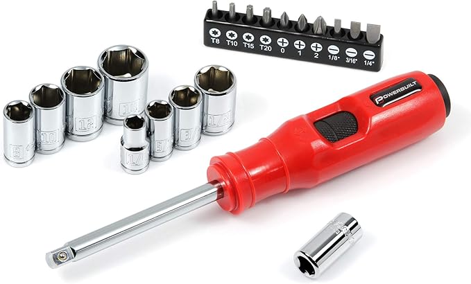 Powerbuilt 1/4" Dr. 20 Pc. Impact Bit Screwdriver and Nut Driver Set, Includes SAE, Metric Sockets, Phillips, Slotted, Star Bits, Adapter- 647768