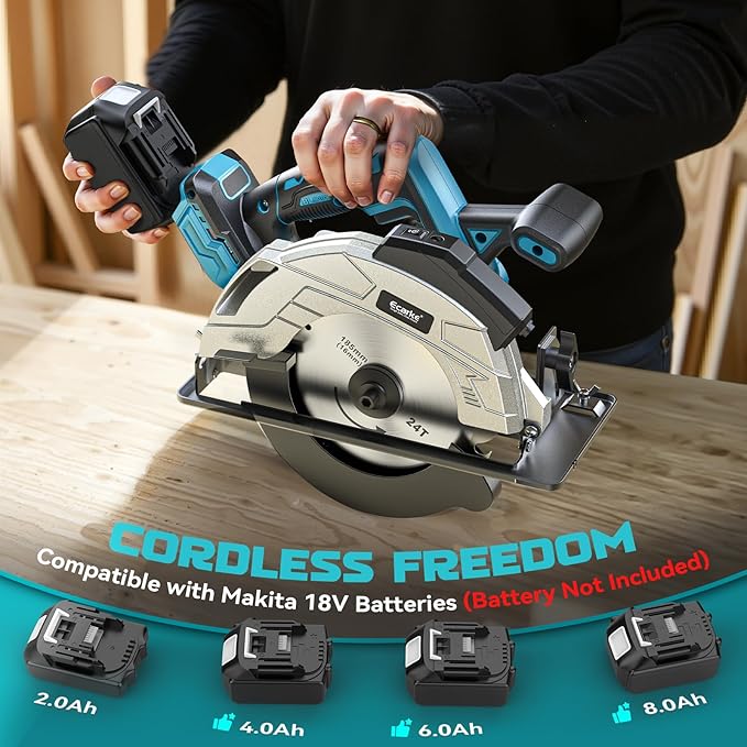 Ecarke Cordless Circular Saw 7-1/4" Compatible with Makita 18v Battery(Bare Tool), 5000RPM Electric Circular Saw with Laser Guide, 2 Blades(24T & 40T), 0-45° Bevel Cutting, Max 2-1/4" Depth for Wood