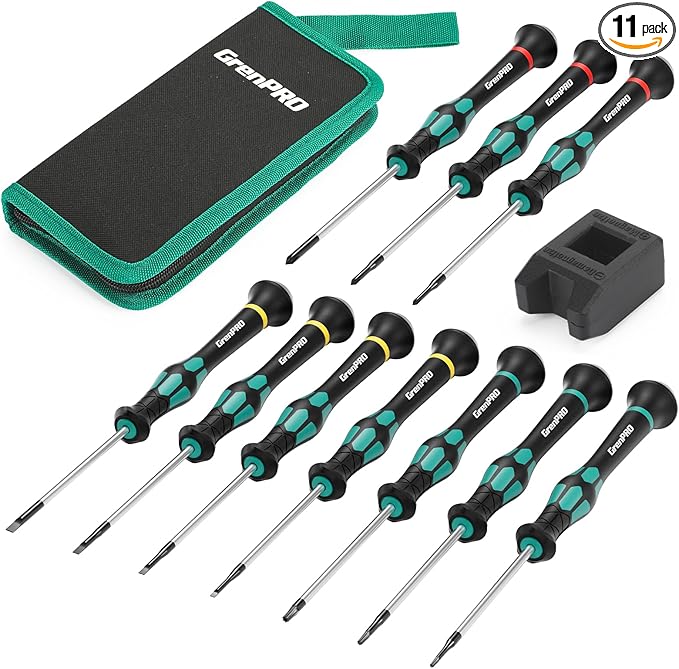 GRENPRO 10-Piece Precision Screwdriver Set, Magnetic Small Screwdrivers with Phillips, Slotted, Torx Star for Eyeglass, Watch, Computer, Laptop, Phone,Green