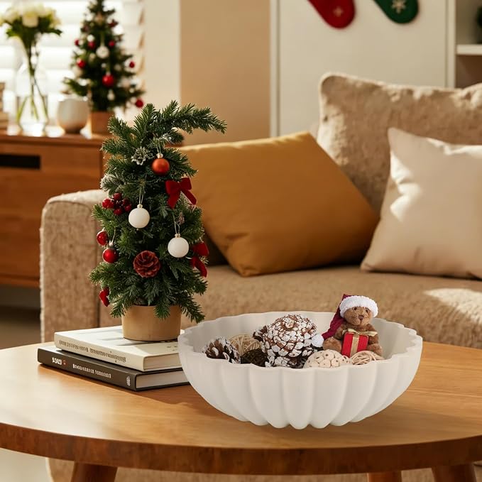 L'ARL GMVOI Large Decorative Bowl - Modern Handicraft Bowls for Home Decor - Fruit Bowl for Kitchen Counter - Key Bowl for Entryway Table - Ruffle Centerpiece Bowl Decor,Artificial Stone White