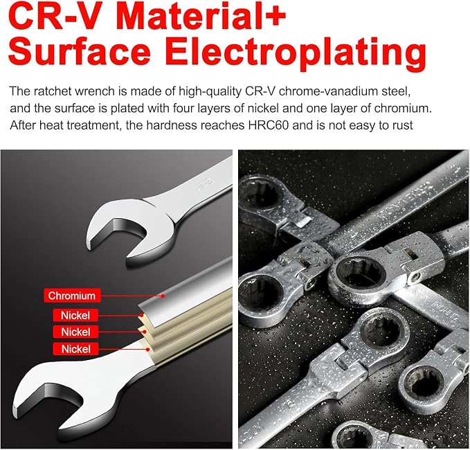 WISEUP 12Pcs Ratchet Wrench, CR-V Chrome-vanadium Steel 8-19mm Wrench | 180 ° Adjustable Combination Wrenches, Double-end Ratchet Wrench, Anti-slip Rust-proof, Labor-saving Tools