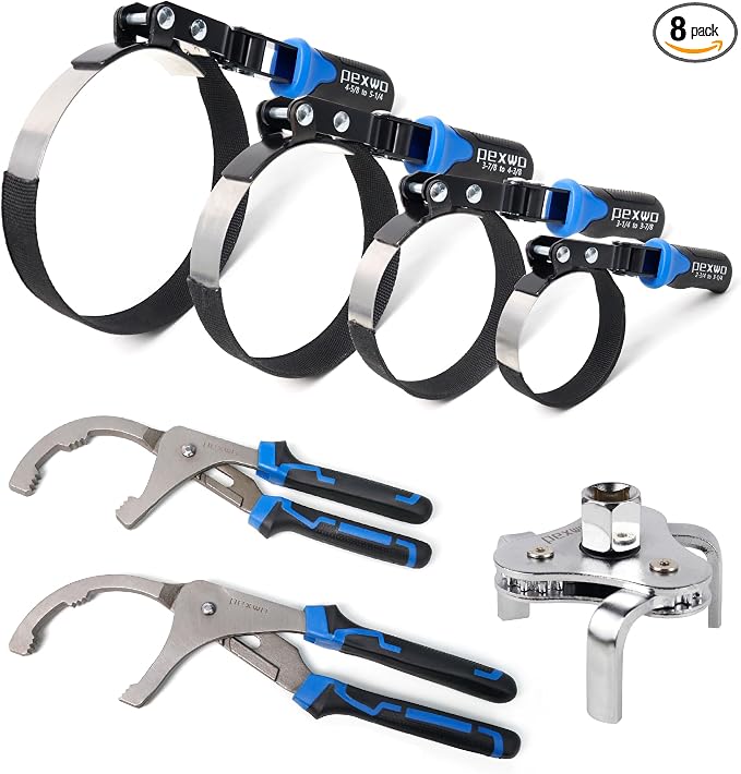 8PC Oil Filter Wrench Set - Swivel Wrenches (2-3/4" to 5-1/4") + Adjustable Pliers (9" & 12") + 3-Jaw Removal Tool w/ 1/2" & 3/8" Adapter - Universal Oil Filter Removal Kit