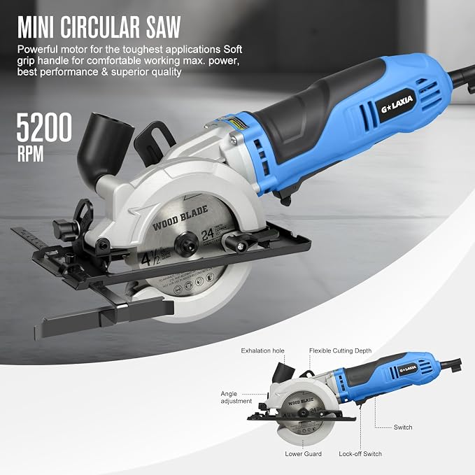 Mini Circular Saw, 6Amp 5200RPM Corded Circular Saw with Rip Guide, 24T TCT Wood Blade & 60T HSS Metal Blade – 1.67" Cutting Depth at 90°, 1" at 45° for Bevel Cuts, for Wood, Thin Metal, PVC