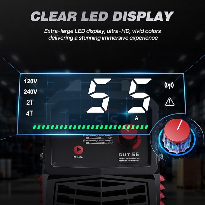 ARCCAPTAIN 55A Plasma Cutter, Large LED Display, Non-Touch Pilot ARC Plasma Cutting Machine, 120/240V Dual Voltage IGBT Inverter, 1/2" Clean Cut, Post Flow, 2T/4T, for Beginners DIY