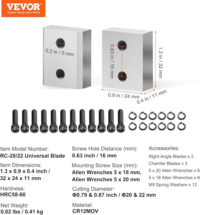 VEVOR Electric Rebar Cutter Replacement Blades 6 PCS 20/22mm - HRC58-60 Hard Jaw Blades with 12 Hex Screws & Spring Washers, Fit RC-20 & RC-22