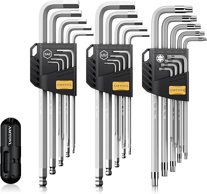 AMTOVL 27-Piece Magnetic Allen Wrench Set, S2 Steel SAE Metric & Torx | Hex Key Set Extra-Long Ball End Allen Keys with T-Handle, Color-Coded L-Key Set for Bike, Auto & DIY Repair