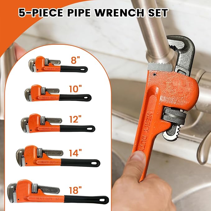 5-Piece Heavy Duty Pipe Wrench Set, 8"/10"/12"/14"/18" Plumbing Wrench | Anti-Slip Jaws, Adjustable Pipe Wrench, Sturdy and Durable, Includes Gloves, for Plumbers, Home, Pipeline, Auto Repair