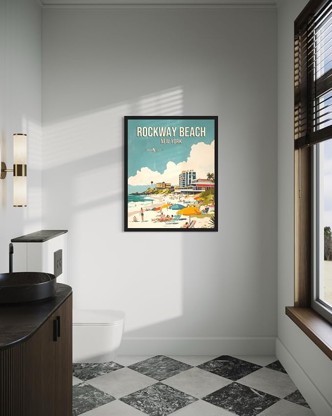 Rockaway Beach New York Black Framed Wall Art Print Poster, US Vintage Retro Beach Scenery Posters Prints for Restroom Home Picture Painting Artwork Gallery 219 (Rockaway Beach New York, 24"L x 18"W, Black Frame)