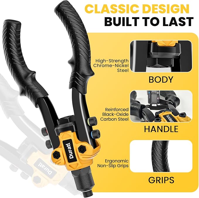 Rivet Gun, 1/4 Pop Rivet Gun Kit with 200 Blind Rivets, 5 Interchangeable Rivet Heads (3/32", 1/8", 5/32", 3/16", 1/4"), Heavy Duty Hand Riveter Tool for Metal, Gutter & Automotive
