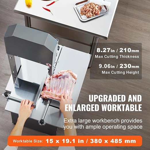 VEVOR Commercial Electric Meat Bandsaw, 550W Stainless Steel Vertical Bone Sawing Machine, 19.1"x15" Workbench, 7.09 Inch Cutting Thickness, Frozen Meat Cutter with Blade for Rib Pork Beef